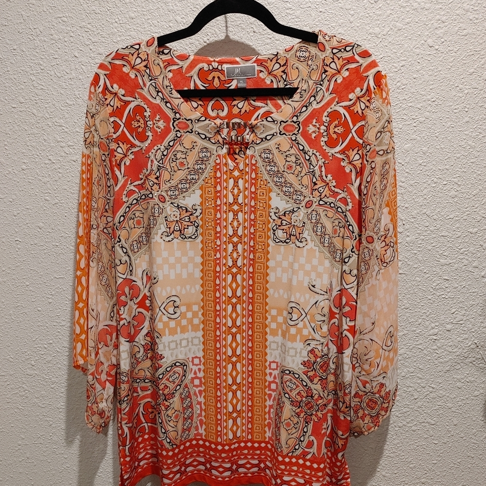 Orange print XL chiffon tunic with bling detail, JM Collection